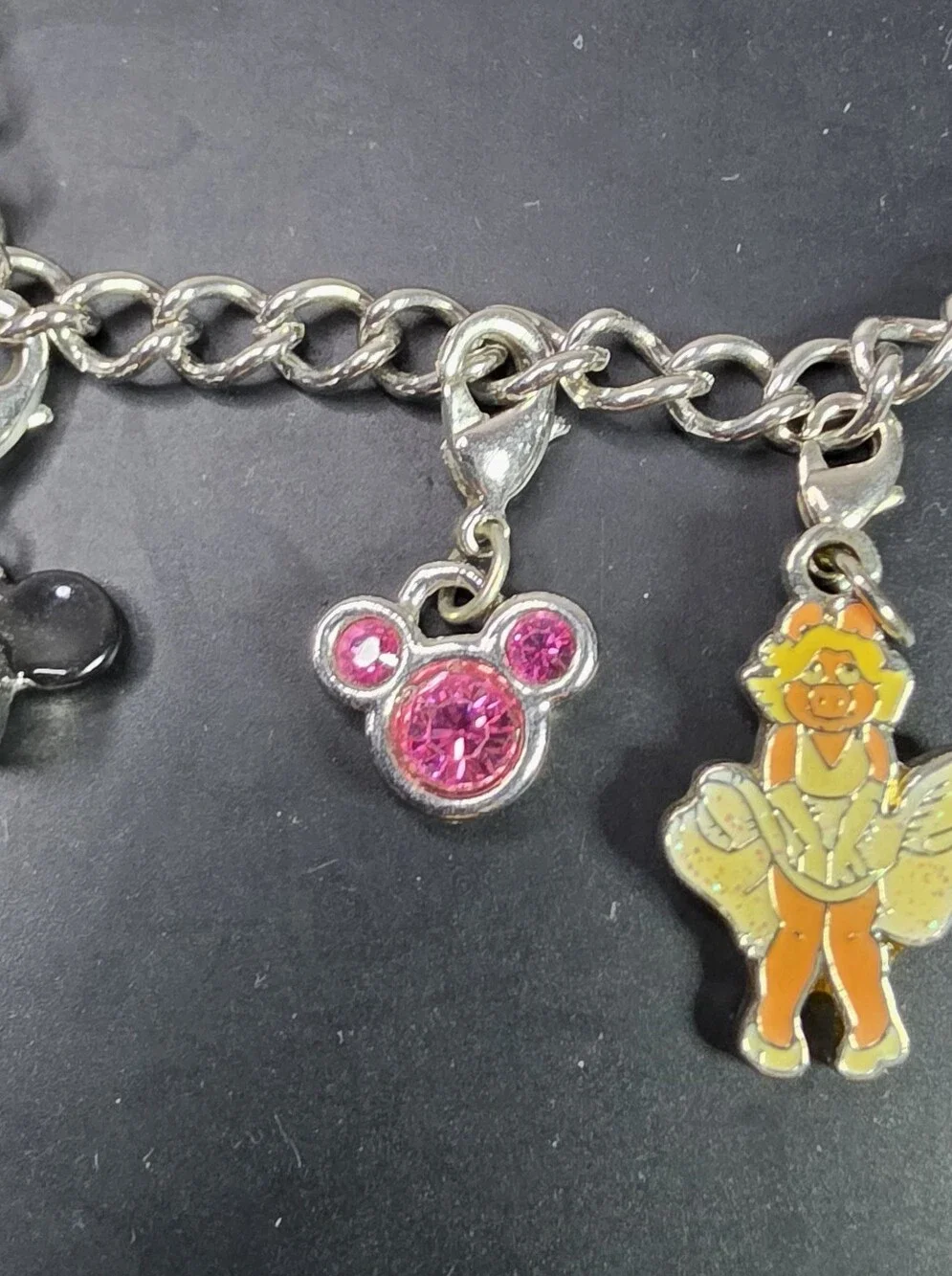 Kids Disney Silver Charm Bracelet with Pink and Black Mickey Charms